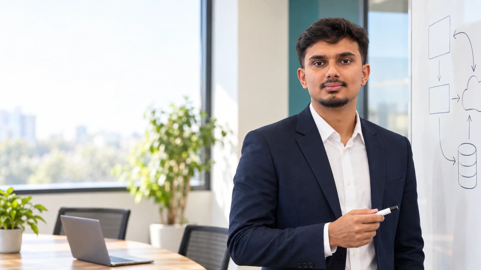 Ananta Sharma beside a clean CRM integration workflow in a natural business office