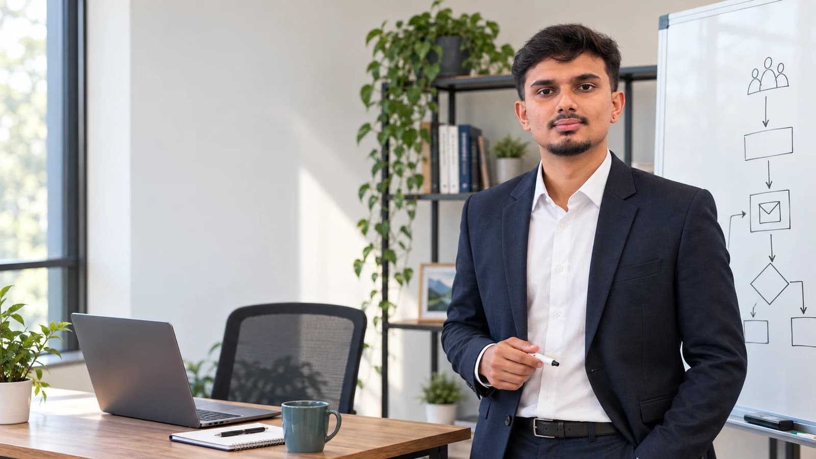 Ananta Sharma in a natural office setting beside a business lead follow-up workflow