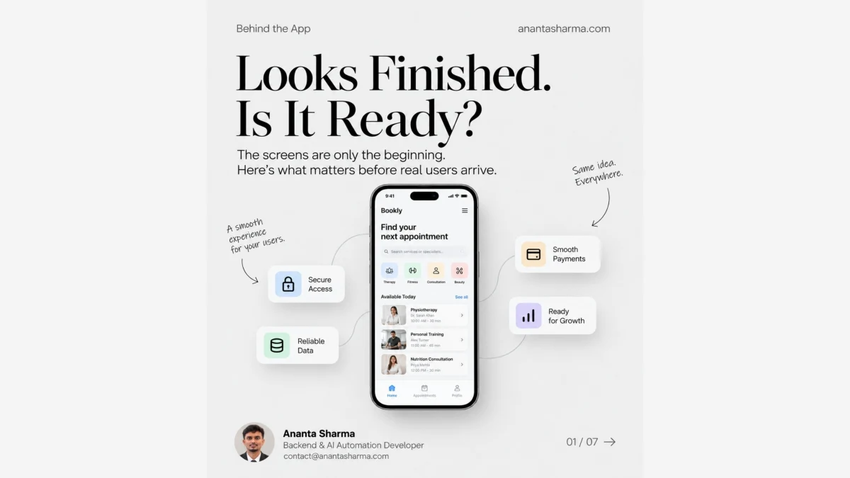 Bookly booking app screen with callouts for secure access, reliable data, payments, and growth.